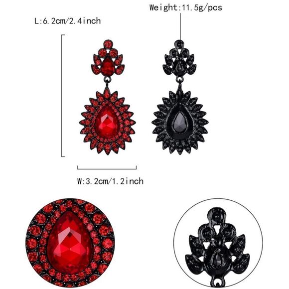 Carbon Black with Ruby Red Crystal Art Deco Chandelier Dangling Post Earrings - Picture 4 of 4